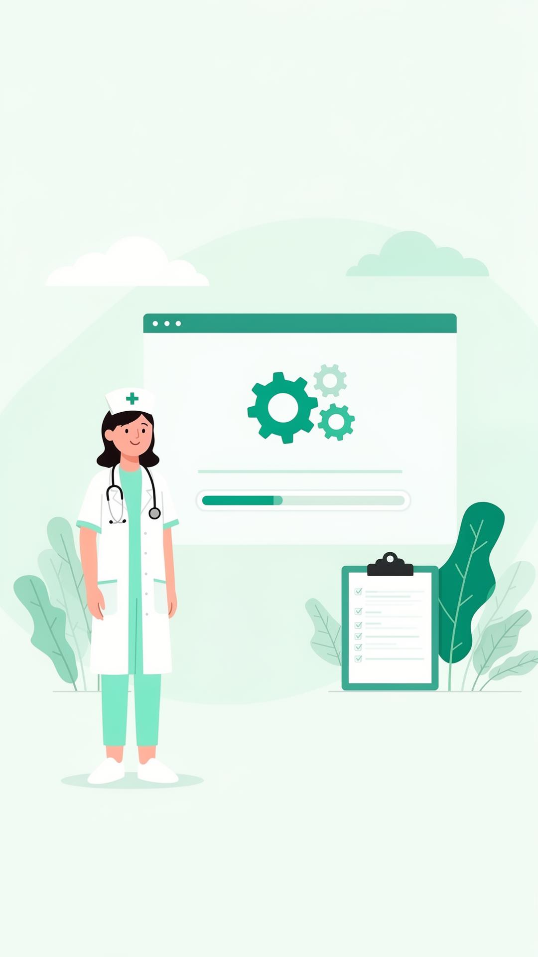 Nurse illustration with a browser window showing a system update in progress
